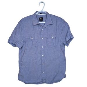 AX Armani Exchange Men's Medium 100% Linen Blue Button Down Short Sleeve Top